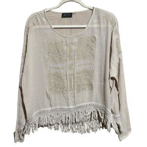 ASTR Top Womens Small Beige Embroidered Boho Print Fringe Hem Sheer Blouse